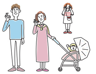 ベビーカーの乗る赤ちゃんと若い夫婦と女の子
