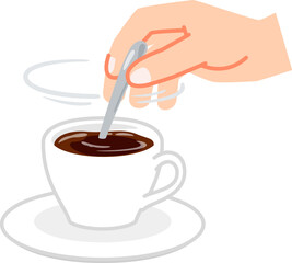 コーヒーカップの中身をスプーンで混ぜる手