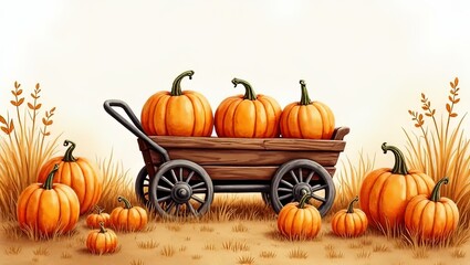 Charming Watercolor Autumn Hayride with Gourds Artwork
