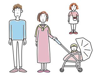 ベビーカーの乗る赤ちゃんと若い夫婦と女の子
