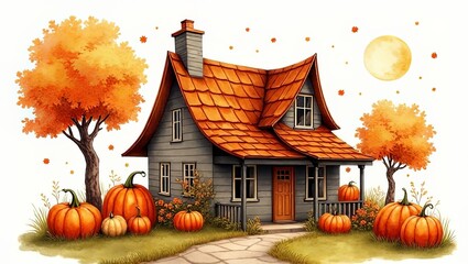 Charming Watercolor Home Surrounded by Pumpkins Autumn Season Illustration