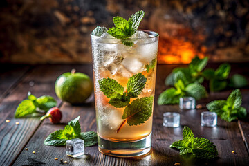 Fototapeta premium A cool summer mint iced drink on a rustic wooden table