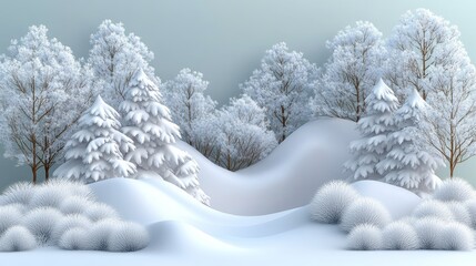 Fototapeta premium A serene winter landscape featuring snow-covered hills and frosty trees, creating a tranquil and magical atmosphere.