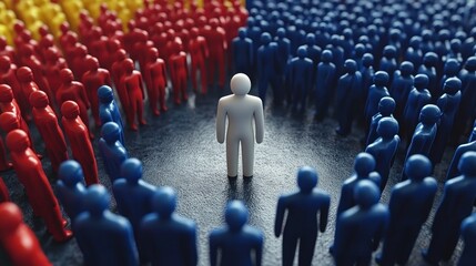 Fototapeta premium A solitary figure stands out in a vibrant crowd of red and blue figures, symbolizing individuality amid conformity.