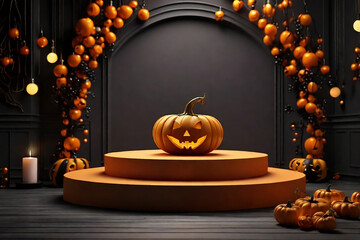 Obraz premium Pumpkin on the podium. 3d render. Halloween background.