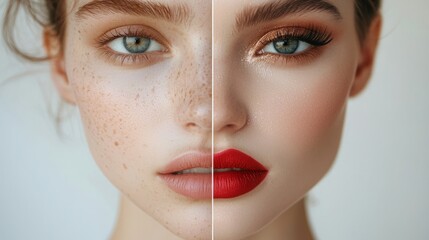 Beauty Duality: Woman's Face Showcasing Half with No Makeup and Half with Dramatic Party Makeup in a Dermatological and Cosmetological Context