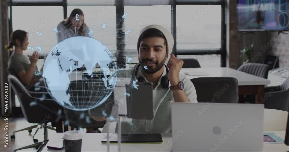 Poster animation of globe and data processing over diverse business people in office
