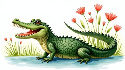 Obraz premium Spring Alligator Watercolor Art Springtime Clip Art