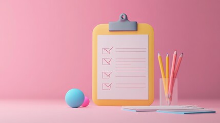 A 3D illustration showing a paper clipboard with a checklist, pencil, and notes. It looks like a task management system for exams or other projects.