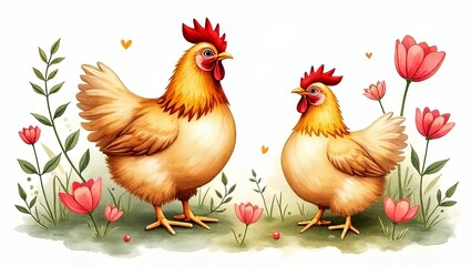 Fototapeta premium Spring Chicken Watercolor Flowers Design Spring Clipart