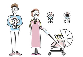 オシャレな若い夫婦と赤ちゃんと子犬