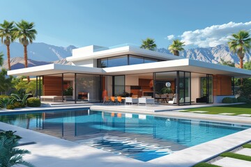 Fototapeta premium Mid-Century Modern Home in Palm Springs with Pool, Outdoor Dining Area, and Lush Green Grass, Featuring White Walls and Black Windows