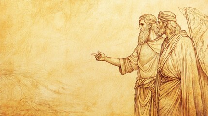 Fototapeta premium Allotment for Caleb: Caleb reminding Joshua of God's promise through Moses, biblical illustration, Beige Background