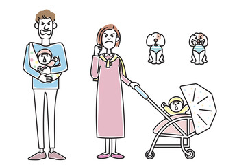 オシャレな若い夫婦と赤ちゃんと子犬