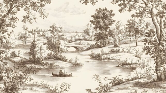 Vintage Landscape with Bridge  River  and Trees