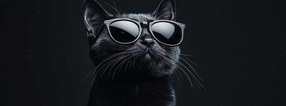 Black cat wearing sunglasses on dark background, horizontal.
Concept: stylish pet, cool cat, fashion, humor, animal portrait