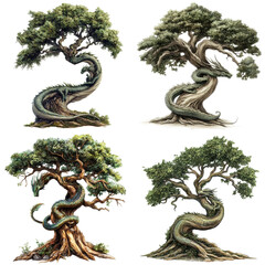 Series of Twisted Trees Isolated on Transparent Background, Artistic Interpretation of Natural Forms