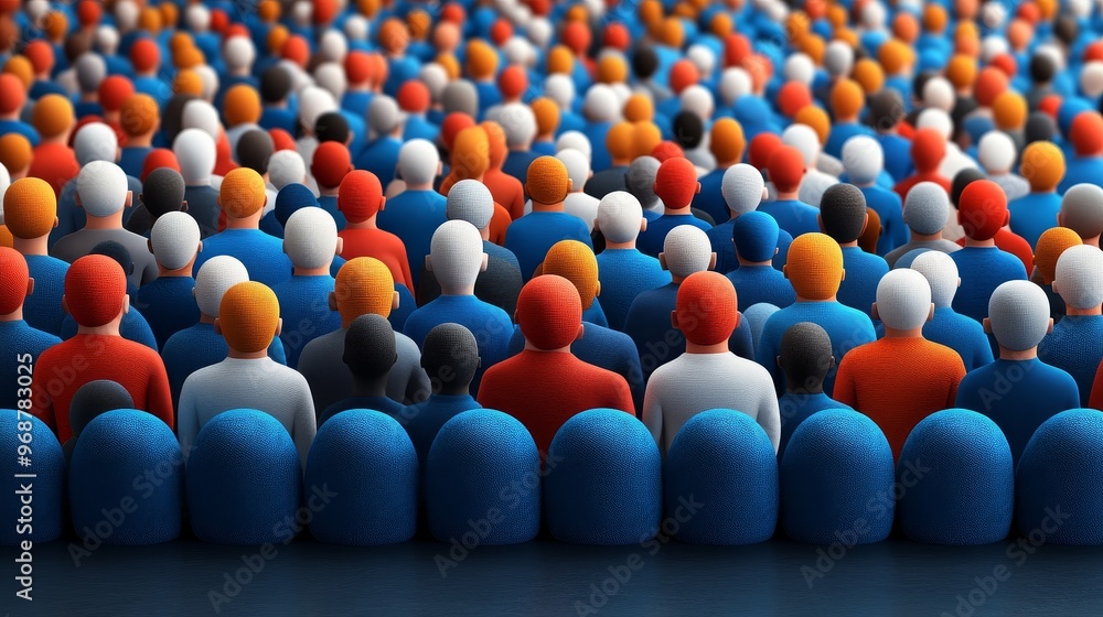 Poster a vibrant assembly of diverse figures representing unity and community in a colorful crowd setting.
