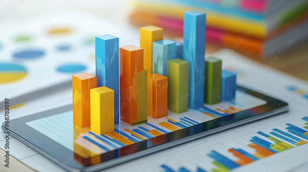 Poster a tablet with a colorful bar graph on it sits on top of a stack of papers. the graph is made of bloc