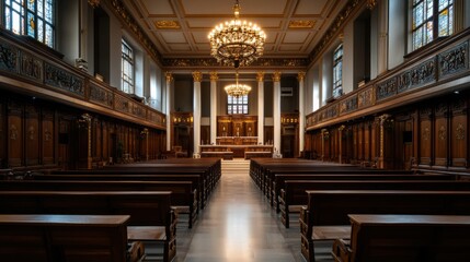 Fototapeta premium A serene interior of an elegant hall featuring wooden pews and a magnificent chandelier, inviting reflection and peace.