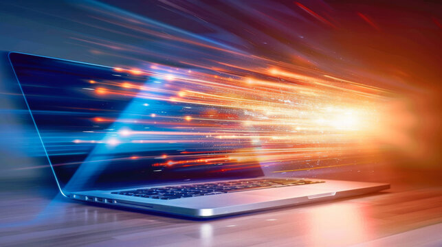 Laptop emitting colorful light streaks in a digital burst, illustrating the concept of high-speed technology and data transfer