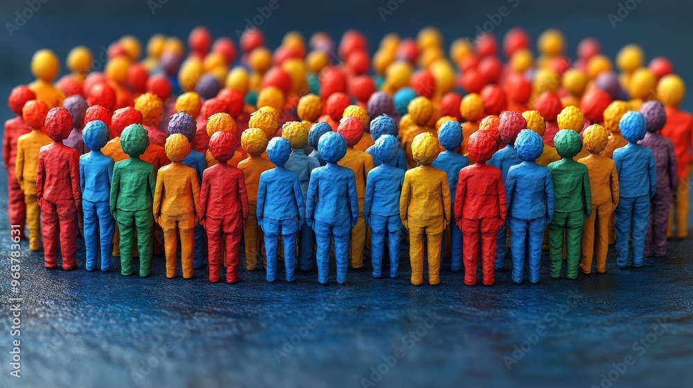 Poster a vibrant group of miniature figures in various colors, symbolizing diversity and unity in a creativ