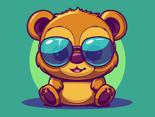 Naklejka premium A cartoon bear wearing sunglasses and sitting on a green background. The bear has a happy and playful mood