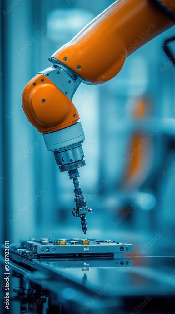 Poster a robot is drilling into a piece of metal. the robot is orange and has a drill bit in its hand. conc
