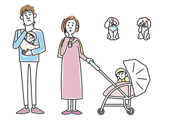 オシャレな若い夫婦と赤ちゃんと子犬