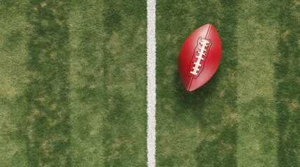 Red football on a grassy field, positioned near the yard line, top-down view
Football on field, green grass, sports concept, top view