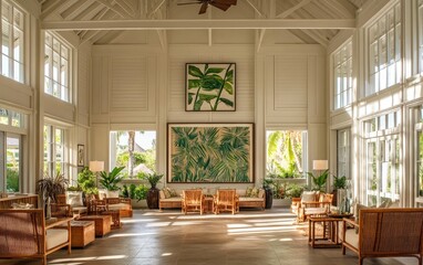 Luxury hotel room with white walls, paintings, table and chairs. Created with Ai