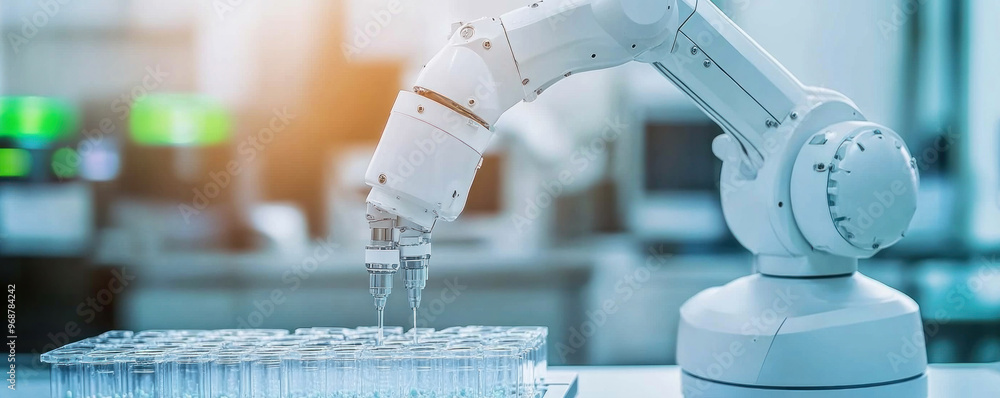 Poster a robot is working in a lab, with a tray of glass vials in front of it