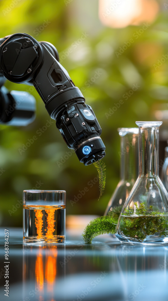 Poster a robot is pouring a liquid into a glass. the robot is surrounded by several beakers and a cup. the 
