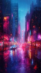 Watercolor style city with soft gradients and vibrant buildings.