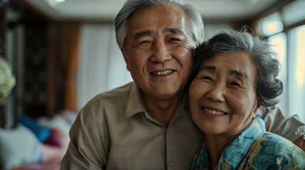 Obraz premium Elderly couple sharing a joyful moment together in a cozy living room during warm afternoon sunlight