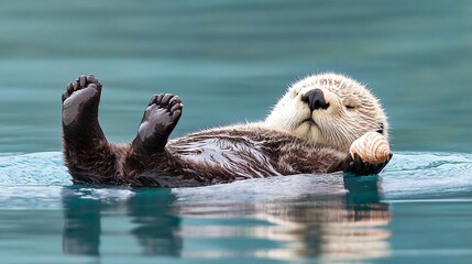 A sea otter floats on its back in the water with its paws in the air and a clam in its hands.