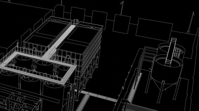 Water treatment plant, seamless 3d loop animation blueprint, filtration system, line work on black