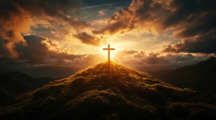 A serene sunrise landscape featuring a cross on a hill, symbolizing hope and faith against a dramatic sky.