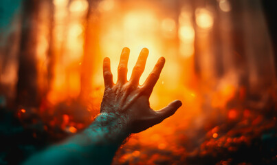 Hand reaching toward glowing sunset in a forest, symbolizing hope, escape, and yearning
