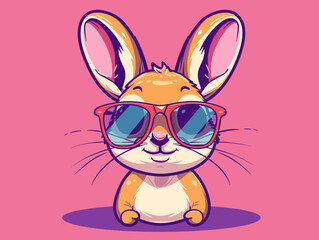 A cartoon rabbit wearing sunglasses and smiling. The rabbit is wearing a pair of red sunglasses and is standing on a pink background