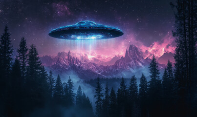 UFO over misty mountains and forest, glowing in a starry sky with colorful nebulae above