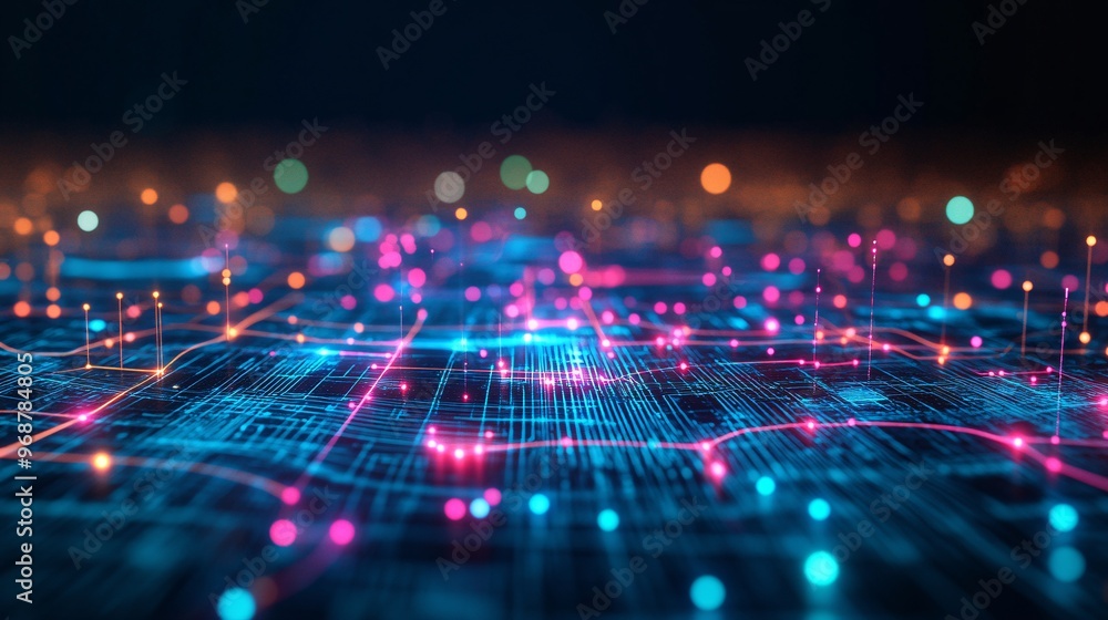 Poster Futuristic digital grid with neon blue and green lines intersecting on a dark background glowing circuit patterns representing an interconnected data network Large space for text in center Stock