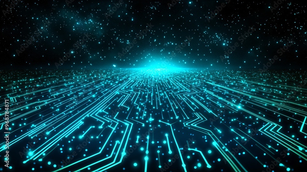 Leinwandbilder Futuristic digital grid with neon blue and green lines intersecting on a dark background glowing circuit patterns representing an interconnected data network Large space for text in center Stock