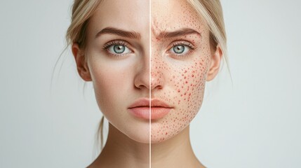 Woman's Face Divided Between Youthful Smoothness and Hives-Inflicted Skin on a Plain White Background