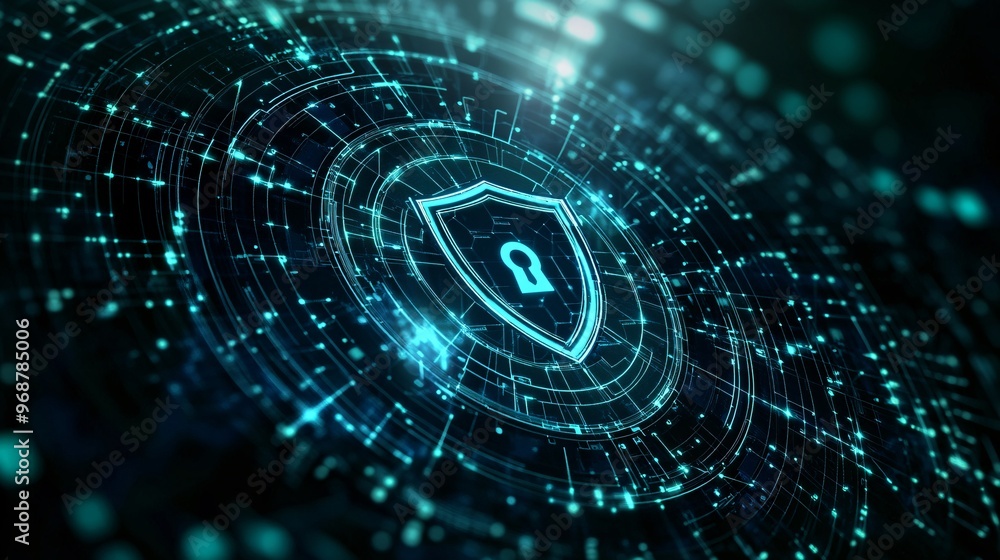 Aufkleber Cybersecurity matrix with floating code locks and shield icons on a dark digital background with green and blue tech tones Large space for text in center Stock photo with copy space