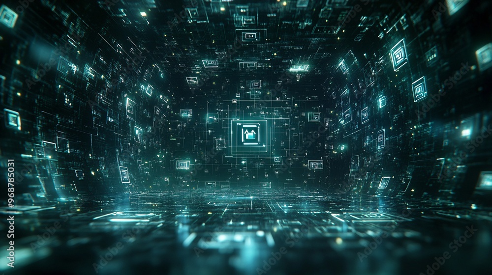 Aufkleber Cybersecurity matrix with floating code locks and shield icons on a dark digital background with green and blue tech tones Large space for text in center Stock photo with copy space