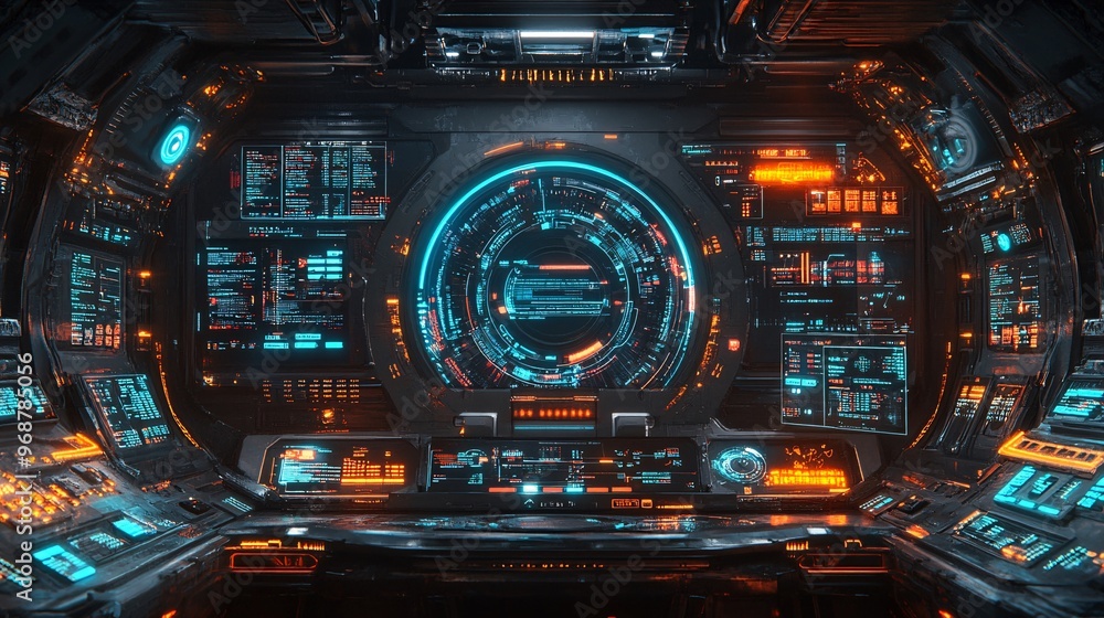 Poster Holographic user interface with floating transparent buttons and data screens in a futuristic environment abstract interaction elements enhancing the digital experience Large space for text in center