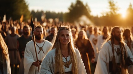 Naklejka premium A vibrant gathering of ancient warriors and villagers in traditional attire, celebrating unity at sunset.