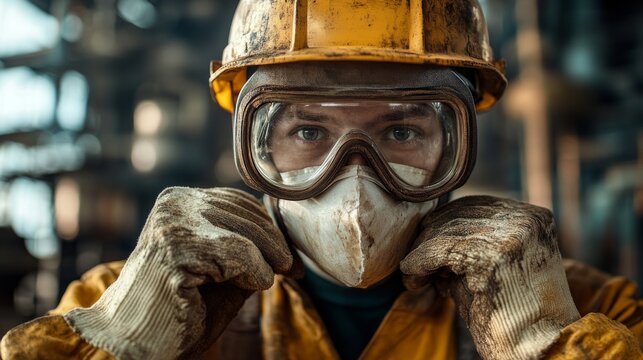 Industrial Worker Wearing Safety Gear and Gloves