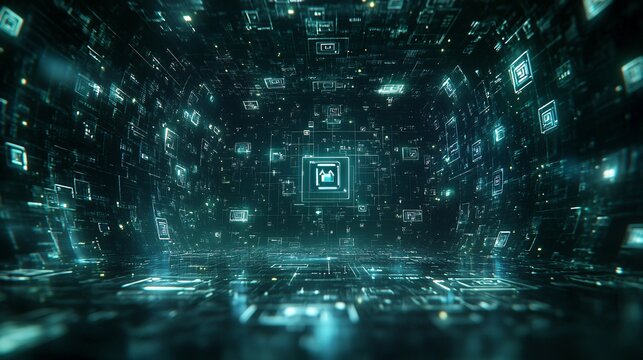 Cybersecurity matrix with floating code locks and shield icons on a dark digital background with green and blue tech tones Large space for text in center Stock photo with copy space